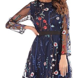 Mesh long sleeve embroidered evening dress